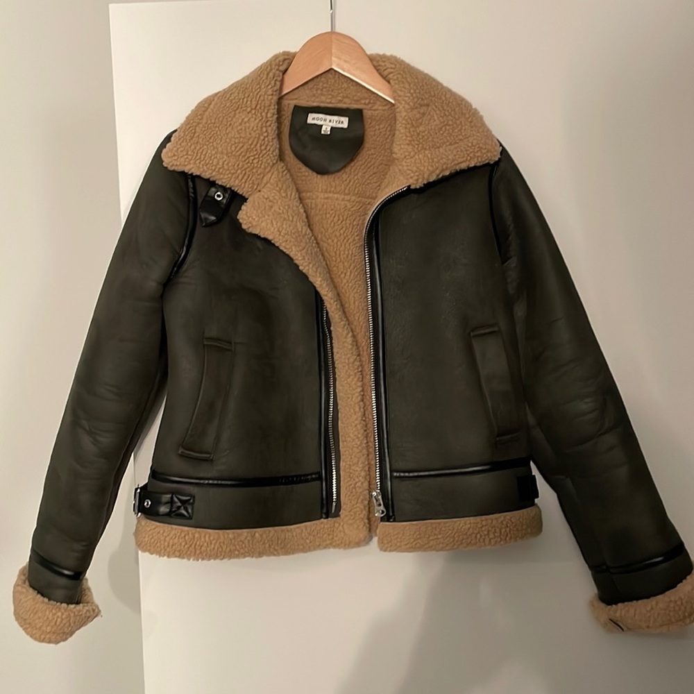 Moon river Sherpa jacket small green and tan shopbop buckle detail